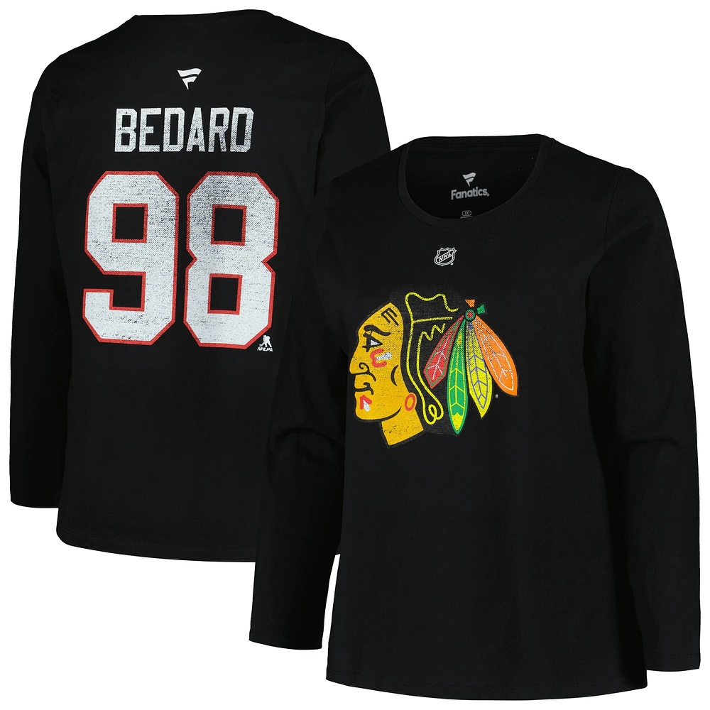 Profil pour femme Connor Bedard Noir Chicago Blackhawks Taille Plus Nom et numéro T-shirt à manches longues