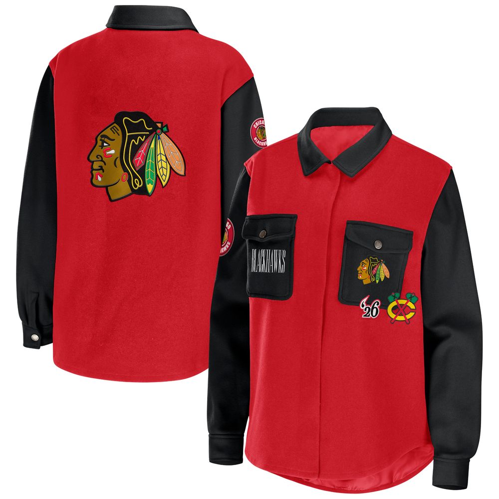 Women's WEAR by Erin Andrews Red/Black Chicago Blackhawks Colorblock Button-Up Shirt Jacket