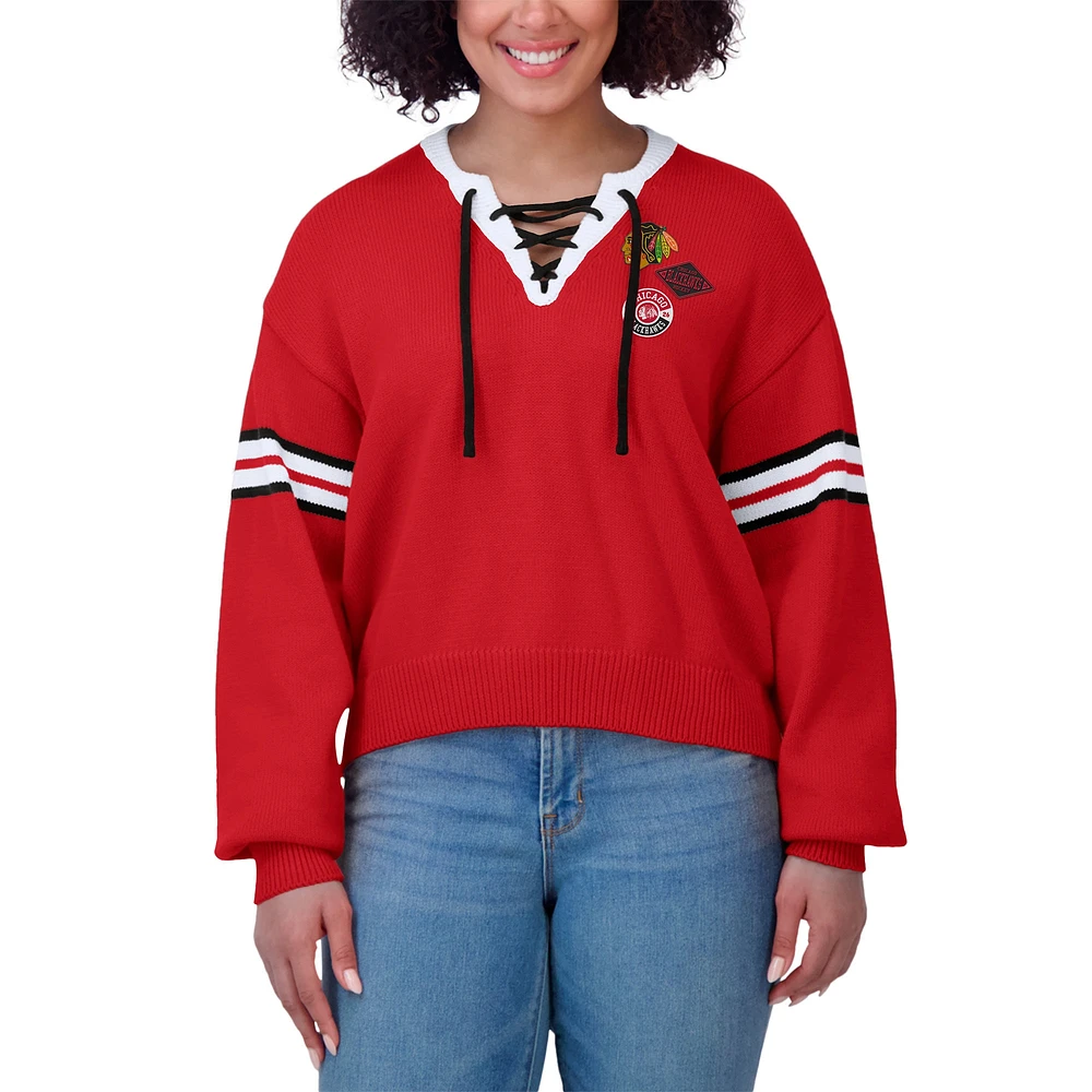 Pull court à lacets rouge Chicago Blackhawks pour femme WEAR by Erin Andrews