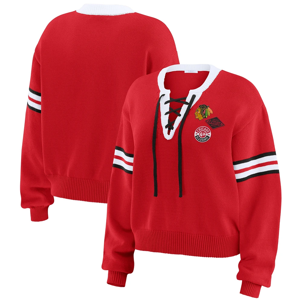 Pull court à lacets rouge Chicago Blackhawks pour femme WEAR by Erin Andrews