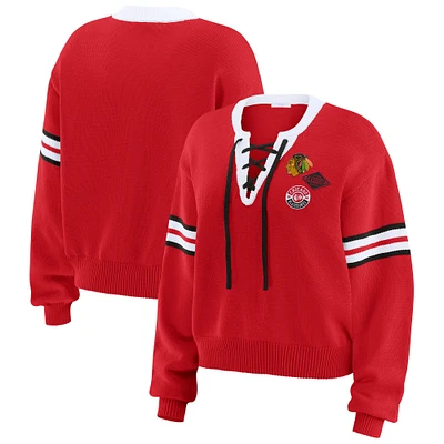 Pull court à lacets rouge Chicago Blackhawks pour femme WEAR by Erin Andrews