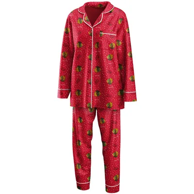 Chicago Blackhawks WEAR by Erin Andrews Women's Long Sleeve Button-Up Shirt & Pants Sleep Set - Red