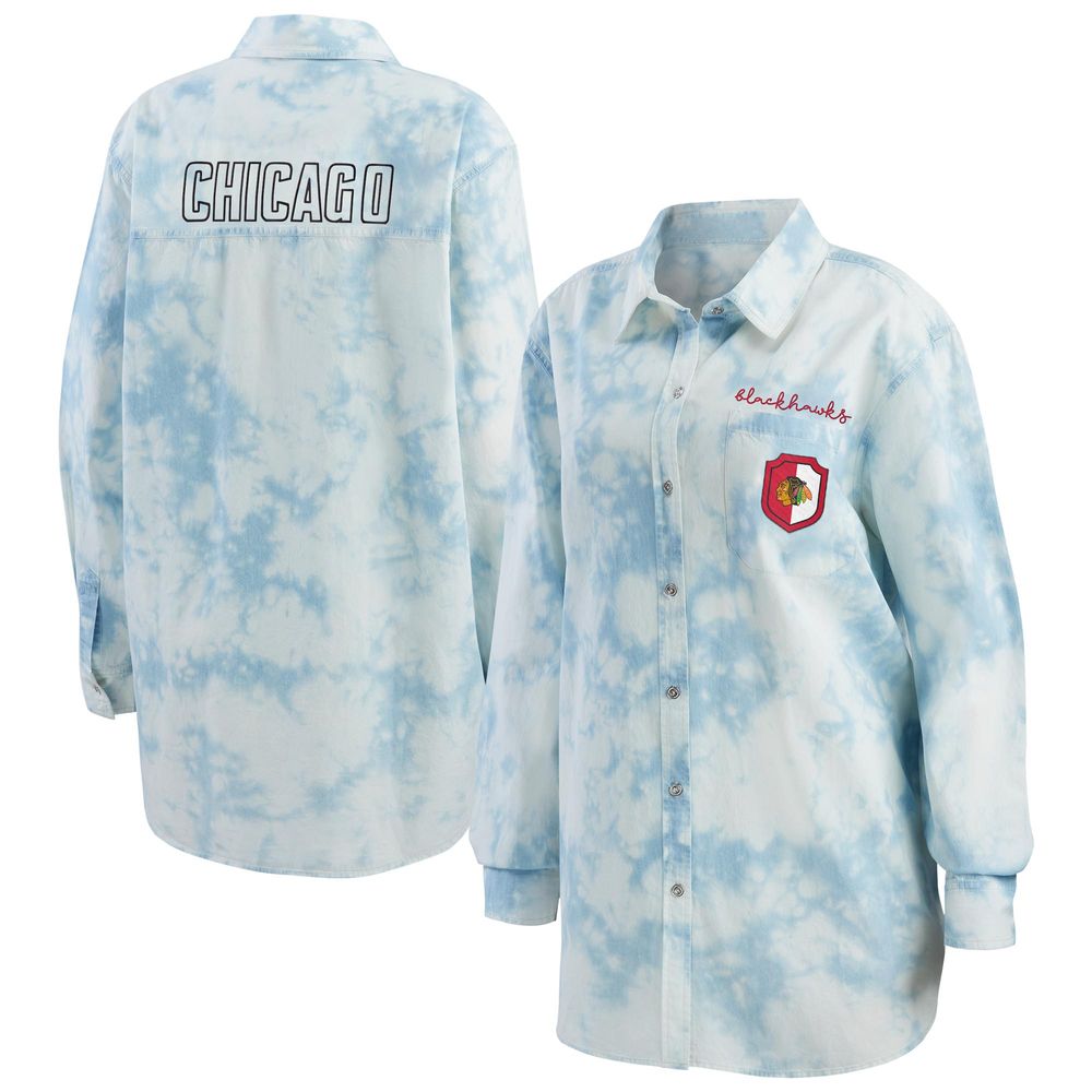 Women's WEAR by Erin Andrews White Chicago Blackhawks Oversized Tie-Dye Button-Up Denim Shirt