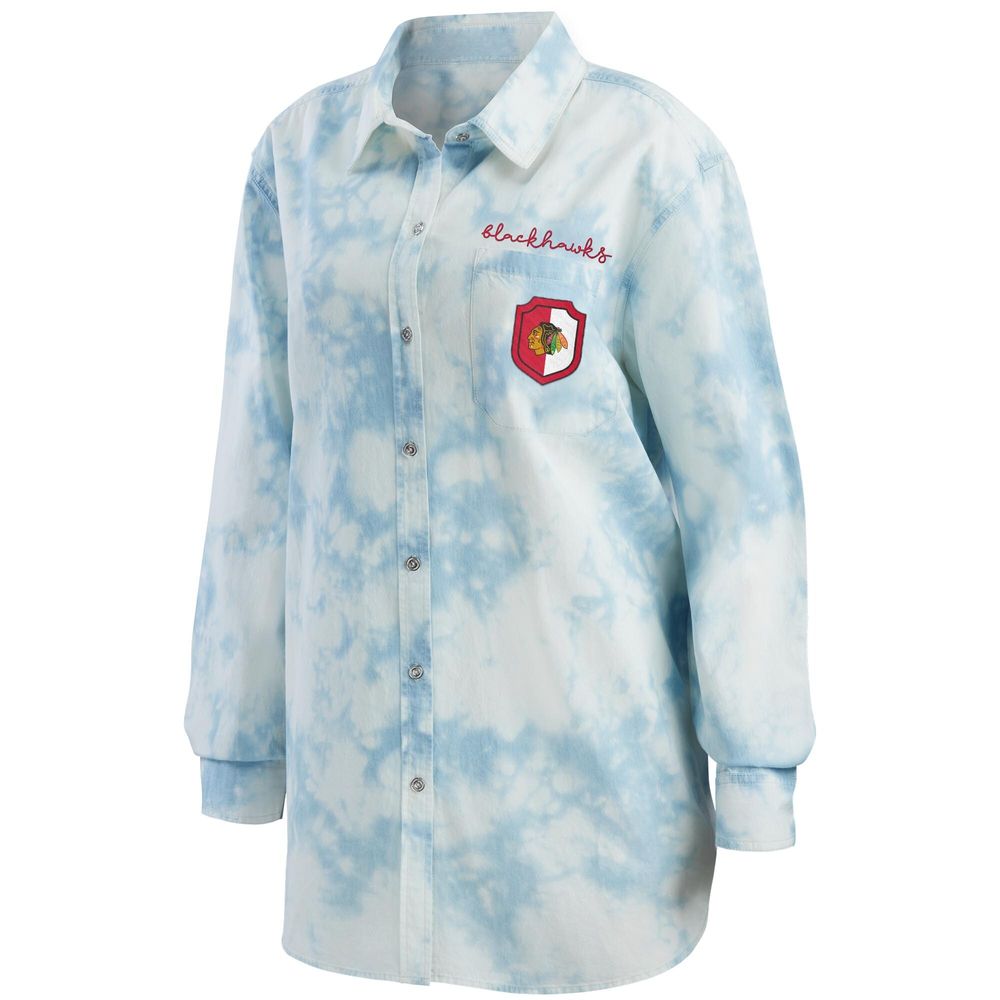 Women's WEAR by Erin Andrews White Chicago Blackhawks Oversized Tie-Dye Button-Up Denim Shirt