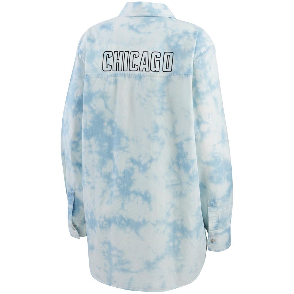 Women's WEAR by Erin Andrews White Chicago Blackhawks Oversized Tie-Dye Button-Up Denim Shirt