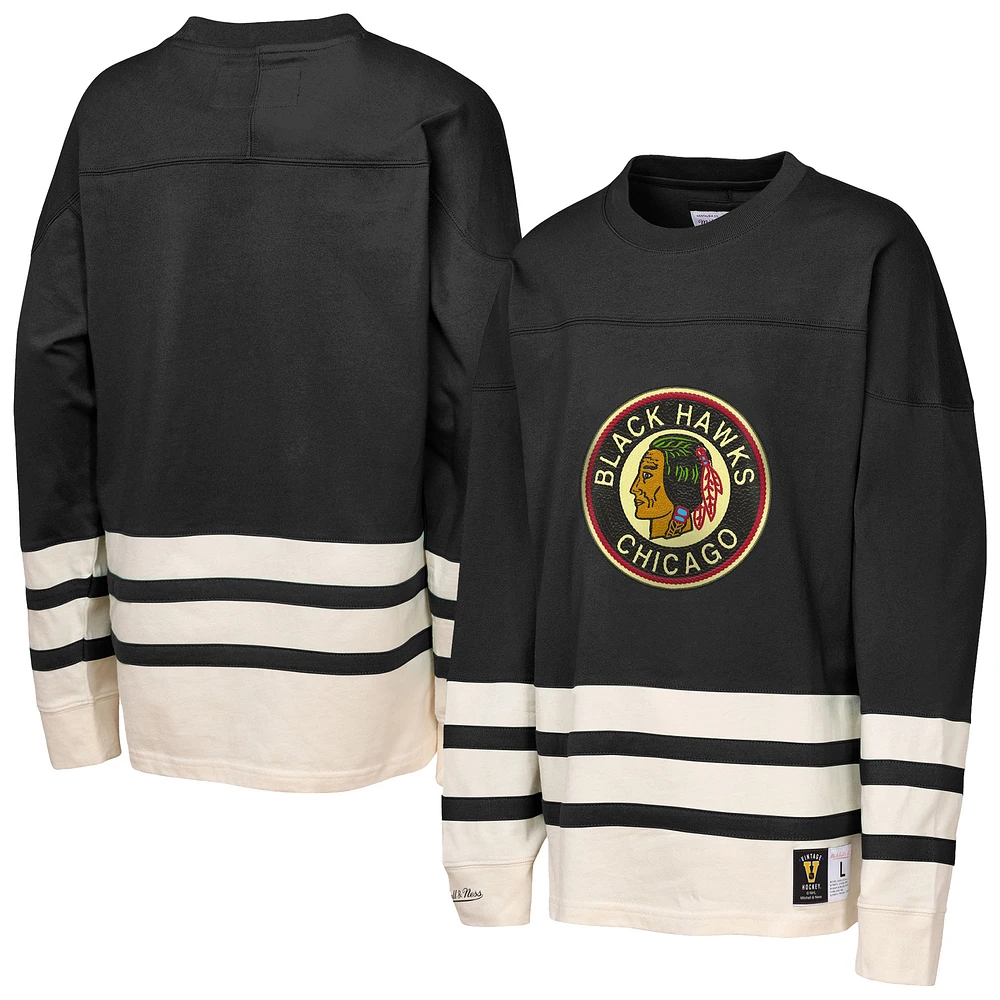 Haut à manches longues épais point de chaînette Chicago Blackhawks noir Mitchell & Ness pour jeunes