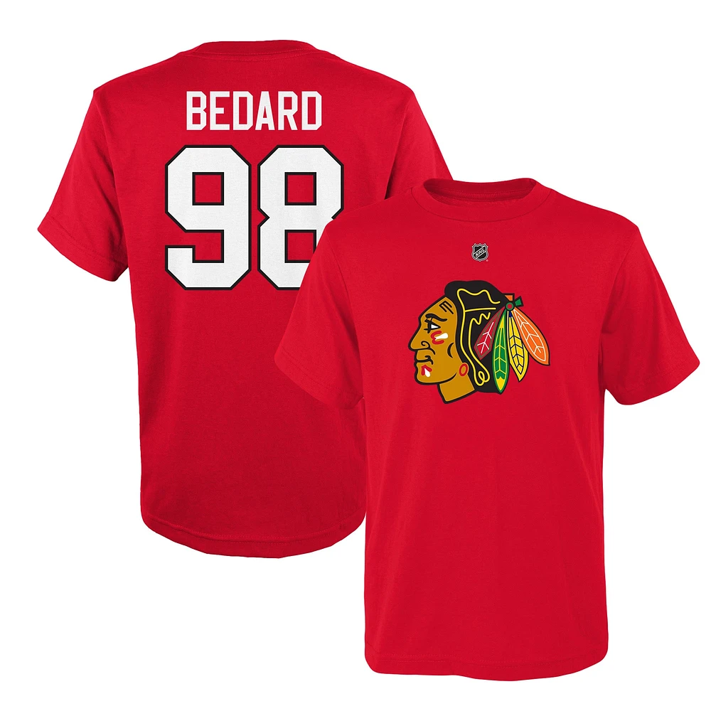 T-shirt rouge avec nom et numéro des Blackhawks de Chicago Connor Bedard pour jeune