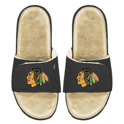 Chicago Blackhawks ISlide Youth Faux Fur Slide Sandals - Black/Tan