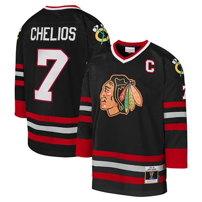 Maillot de joueur Mitchell & Ness Chris Chelios noir des Blackhawks Chicago 1997-98 Blue Line Captain Patch