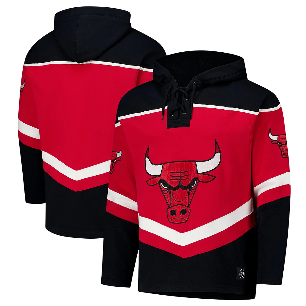 Men's '47 Red Chicago Bulls Oversized Tri-Satin Layup Lacer Pullover Hoodie