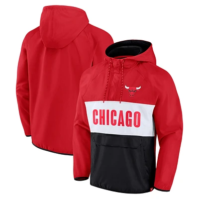 Men's Fanatics Red/Black Chicago Bulls Team Leader Iconic Colorblock Anorak Raglan Quarter-Zip Hoodie