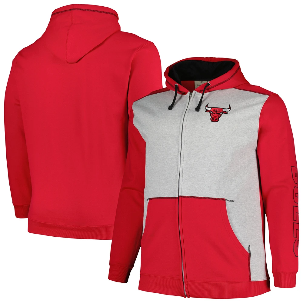 Sweat à capuche entièrement zippé avec coutures contrastées pour hommes Fanatics rouge/gris chiné Chicago Bulls Big & Tall