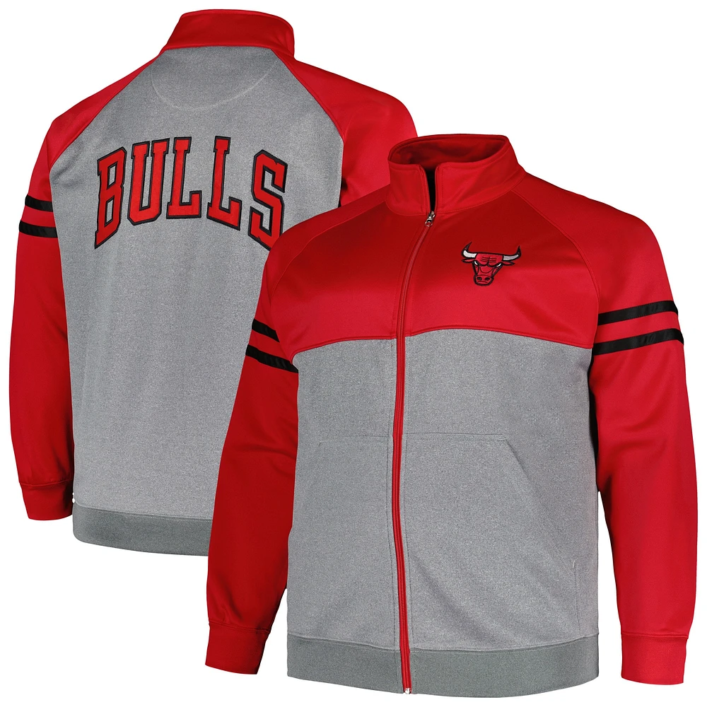 Veste de survêtement entièrement zippée Chicago Bulls Fanatics rouge/gris chiné pour hommes Big & Tall Pieced Stripe Raglan