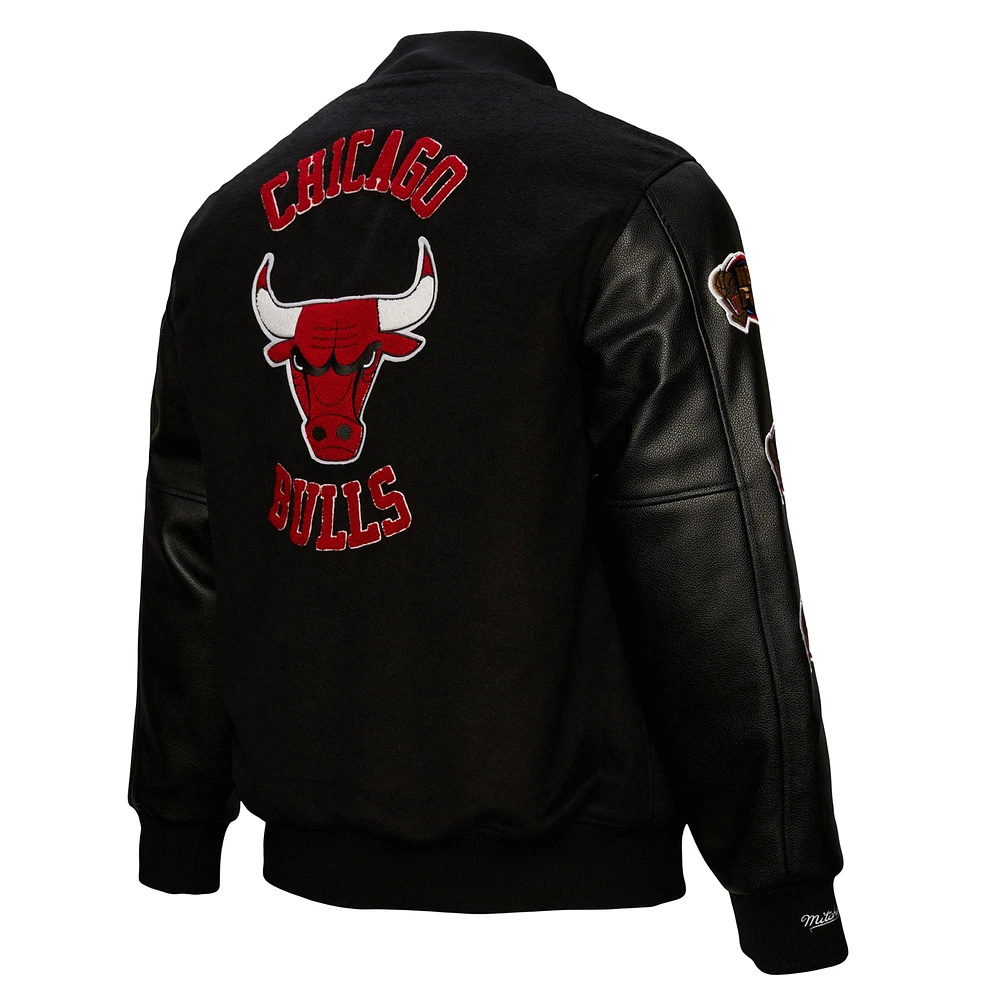 Men's Mitchell & Ness  Black Chicago Bulls Hardwood Classics Blackout Collection Full-Snap Varsity Jacket