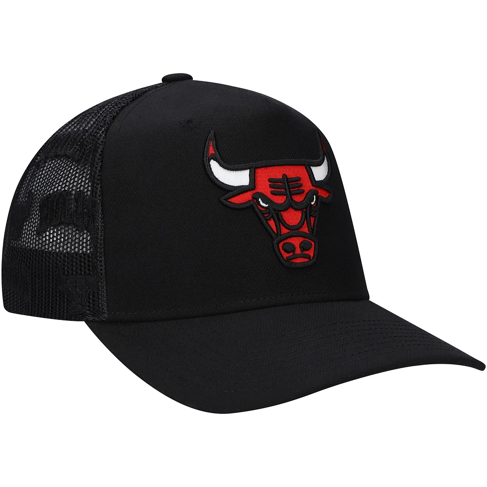 Men's Mitchell & Ness Black Chicago Bulls Monogram Allover Logo Mesh Trucker Adjustable Hat