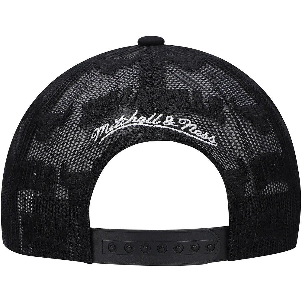 Men's Mitchell & Ness Black Chicago Bulls Monogram Allover Logo Mesh Trucker Adjustable Hat