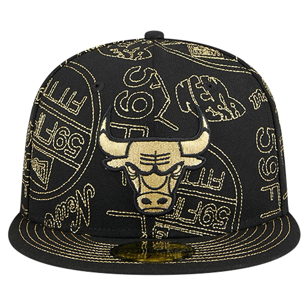 Men's New Era Black Chicago Bulls 59FIFTY Day Allover Print Stencil Fitted Hat