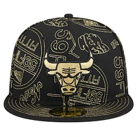 Men's New Era Black Chicago Bulls 59FIFTY Day Allover Print Stencil Fitted Hat