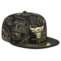 Men's New Era Black Chicago Bulls 59FIFTY Day Allover Print Stencil Fitted Hat