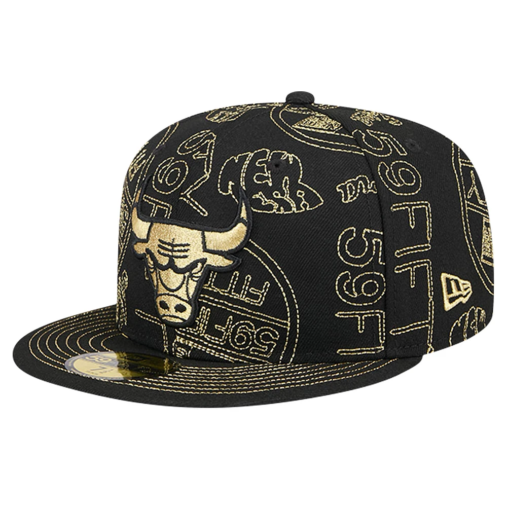 Men's New Era Black Chicago Bulls 59FIFTY Day Allover Print Stencil Fitted Hat