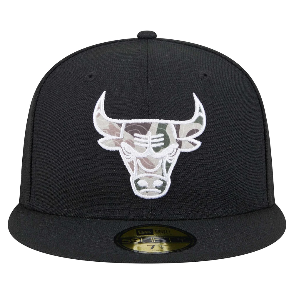 Men's New Era Black Chicago Bulls Camo Print UV 59FIFTY Fitted Hat