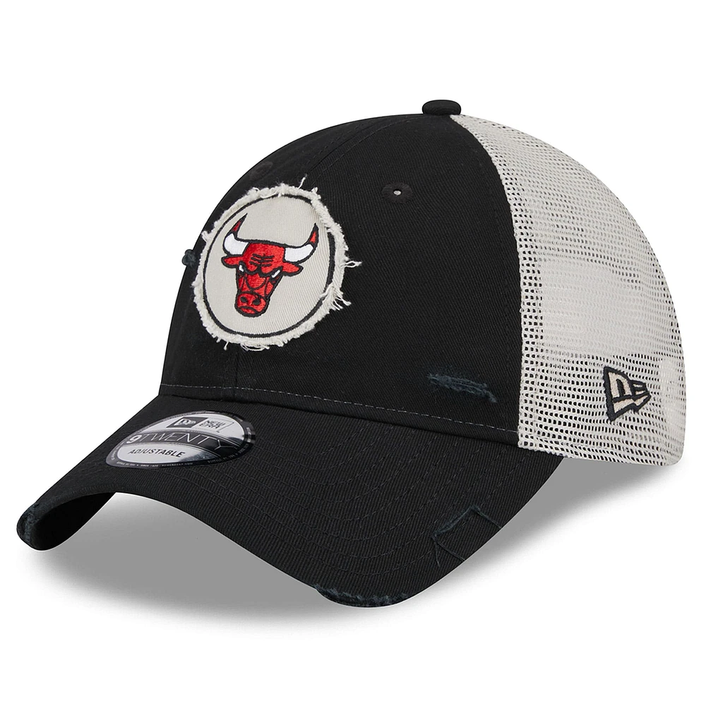 Men's New Era Black Chicago Bulls  Rally Drive Distressed Patch 9TWENTY Trucker Adjustable Hat