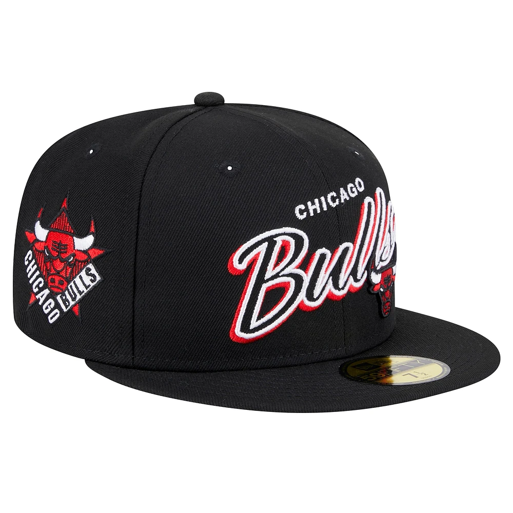 Men's New Era Black Chicago Bulls Sport Night Script Sided 59FIFTY Fitted Hat