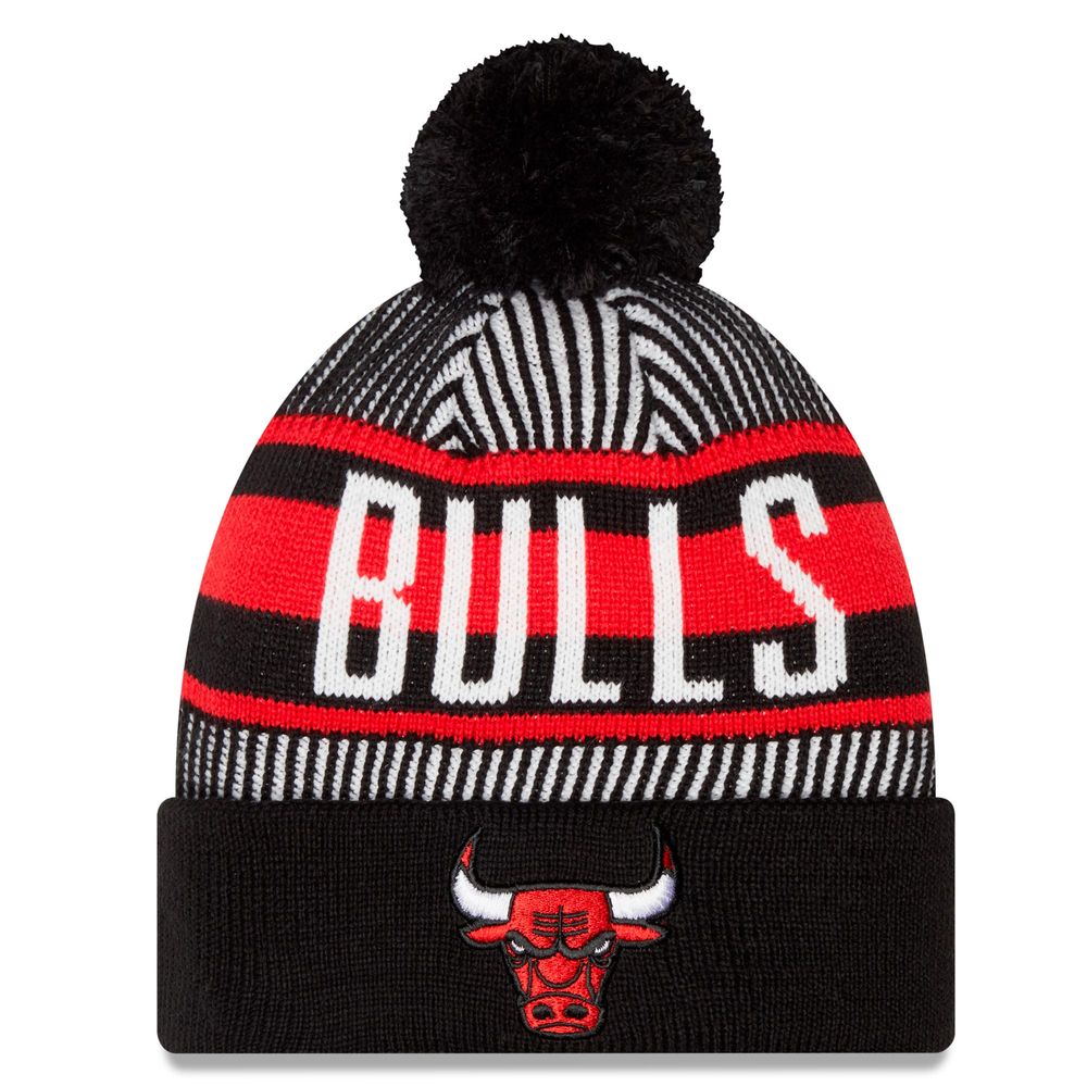 Men's New Era Black Chicago Bulls Striped - Cuff Knit Hat with Pom