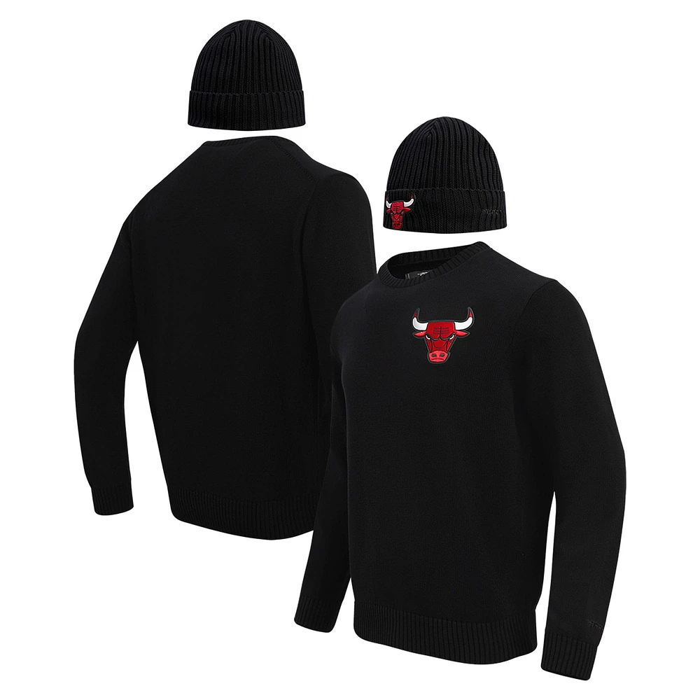 Men's Pro Standard Black Chicago Bulls Crewneck Pullover Sweater & Cuffed Knit Hat Box Gift Set