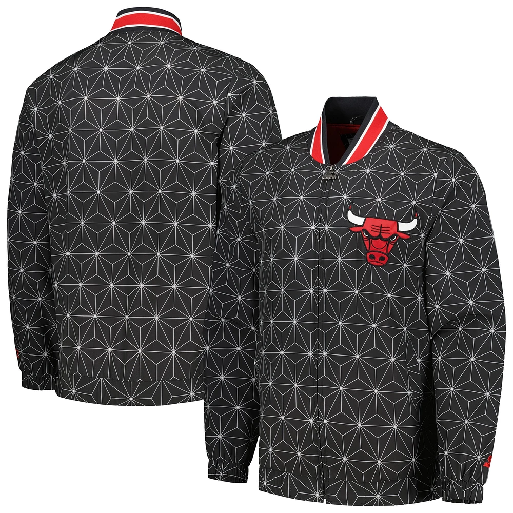 Men's Starter Black Chicago Bulls In-Field Play Fashion Satin Full-Zip Varsity Jacket