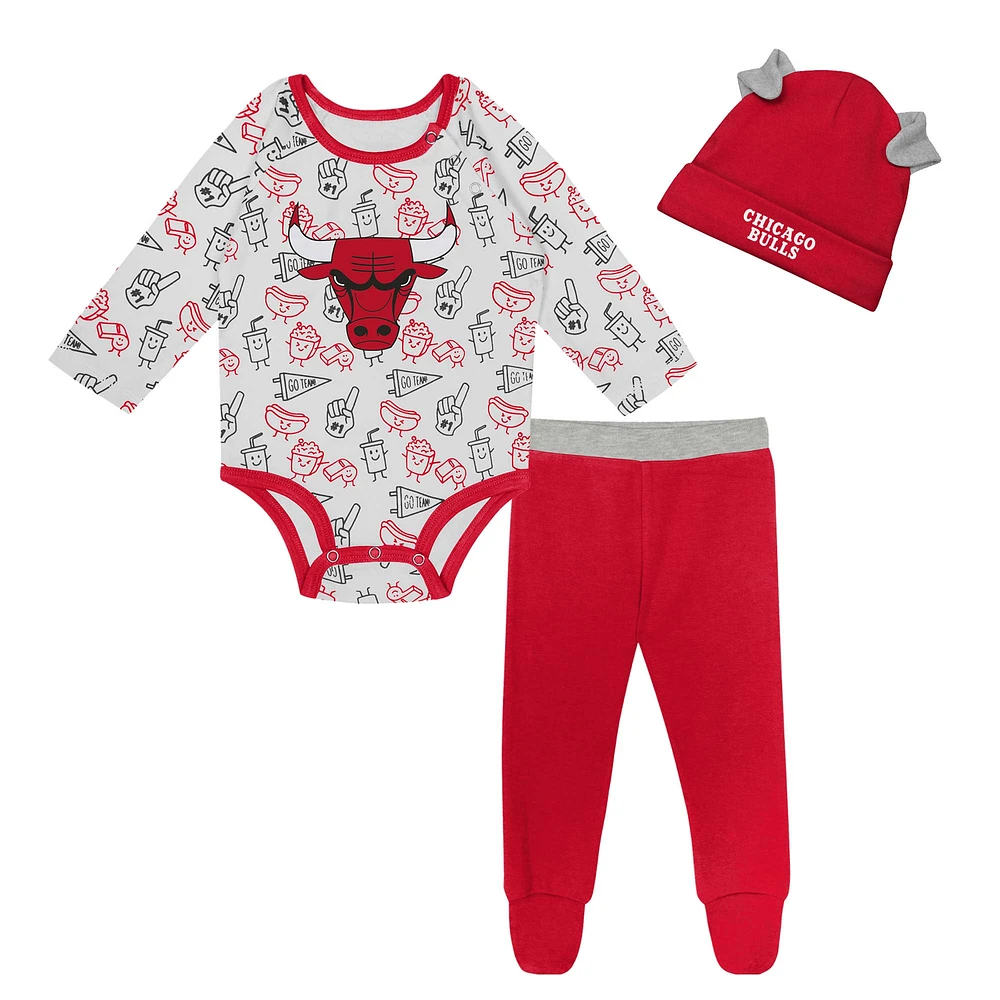 Ensemble 3 pièces pour nouveau-né et bébé Chicago Bulls Little Champ, body à manches longues, pantalon bonnet revers