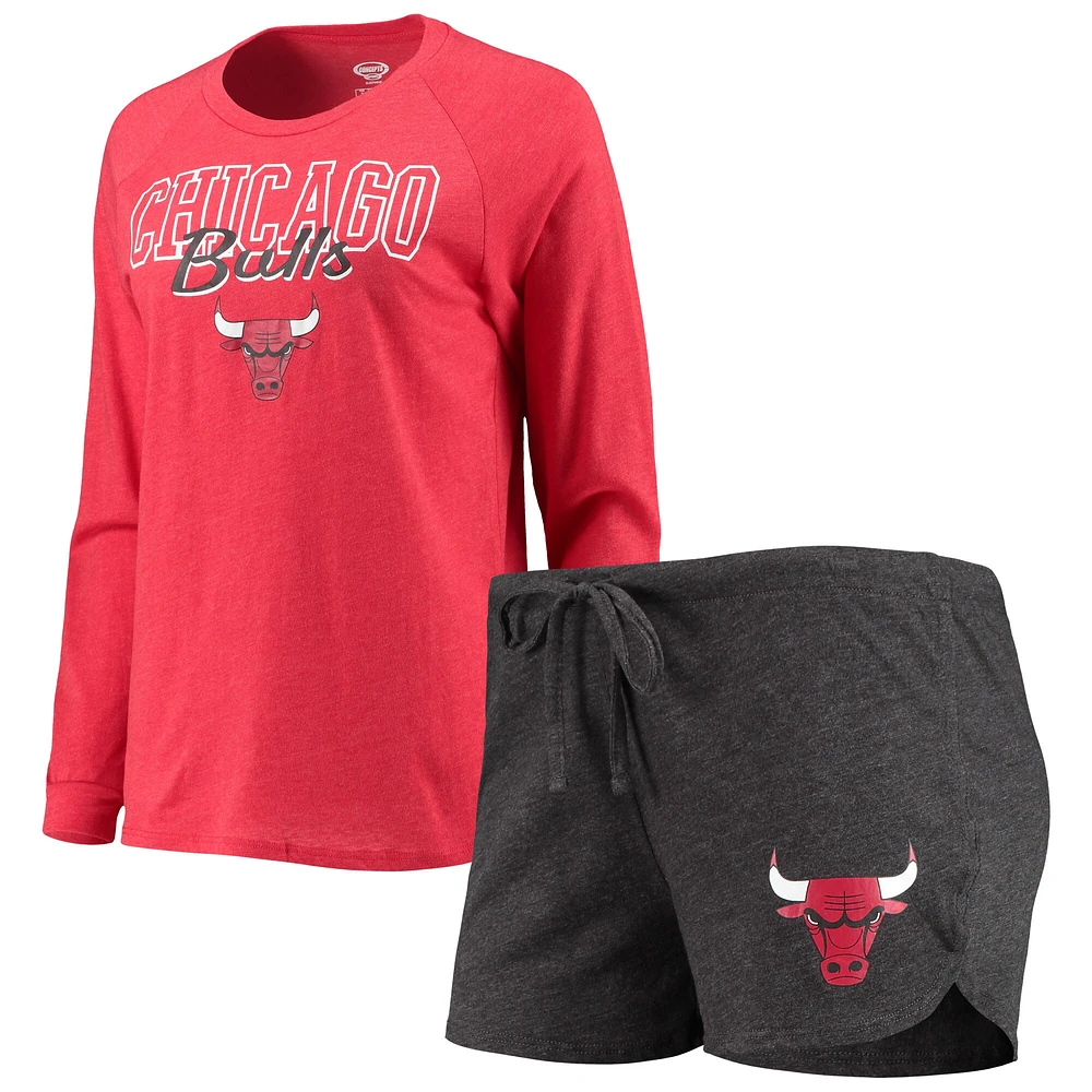 Concepts Sport Heathered Black/Heathered Red T-shirt et short à manches longues raglan Chicago Bulls pour femme