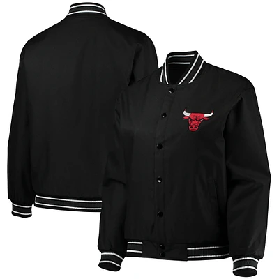 Blouson à bouton-pression intégral en sergé de poly JH Design Chicago Bulls pour femmes, noir, taille plus