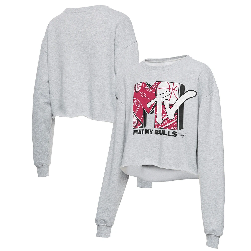 Women's Junk Food Heathered Gray Chicago Bulls NBA x MTV I Want My Cropped Fleece Pullover Sweatshirt