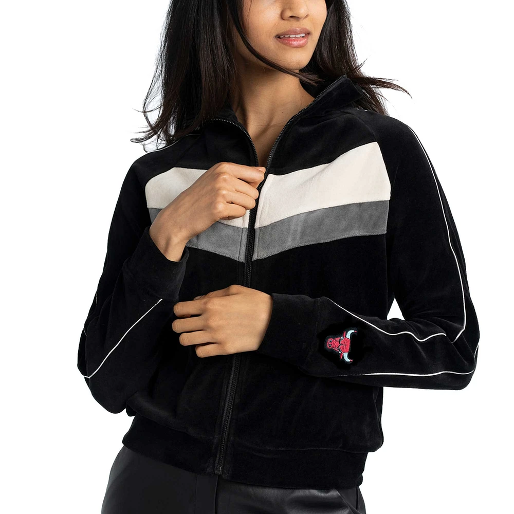 Veste de survêtement entièrement zippée Lusso Black Chicago Bulls Nixie Chevron Color-Block Raglan pour femme