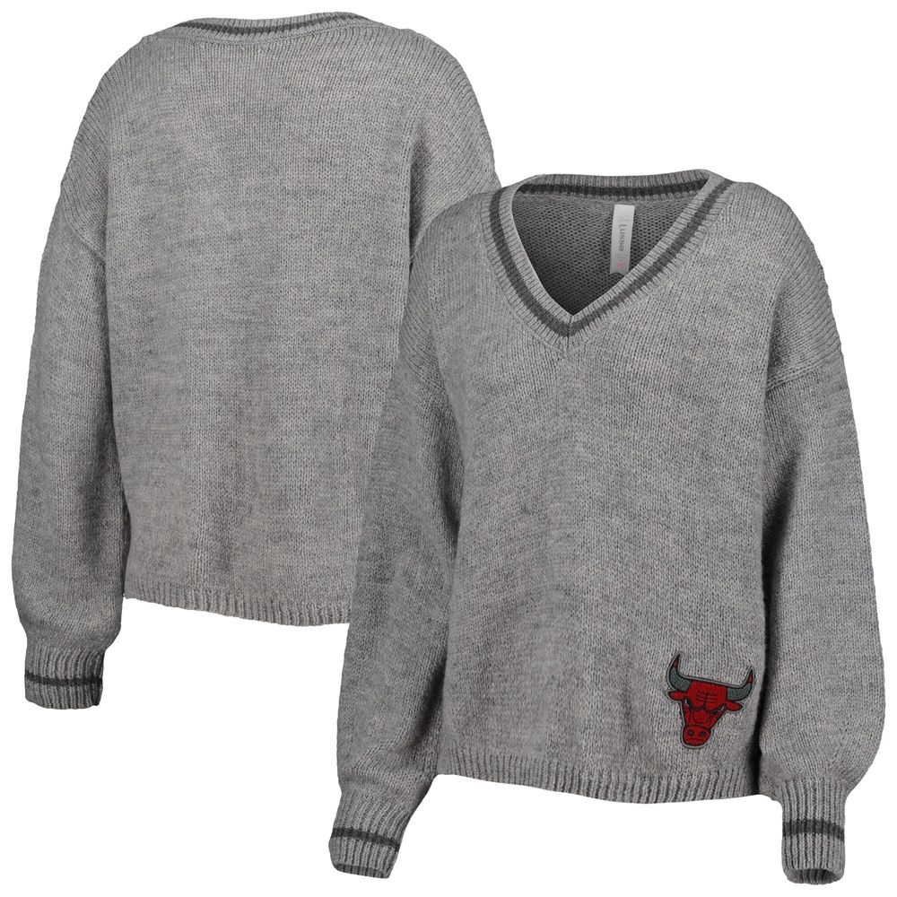 Women's Lusso Gray Chicago Bulls Scarletts Lantern Sleeve Tri-Blend V-Neck Pullover Sweater