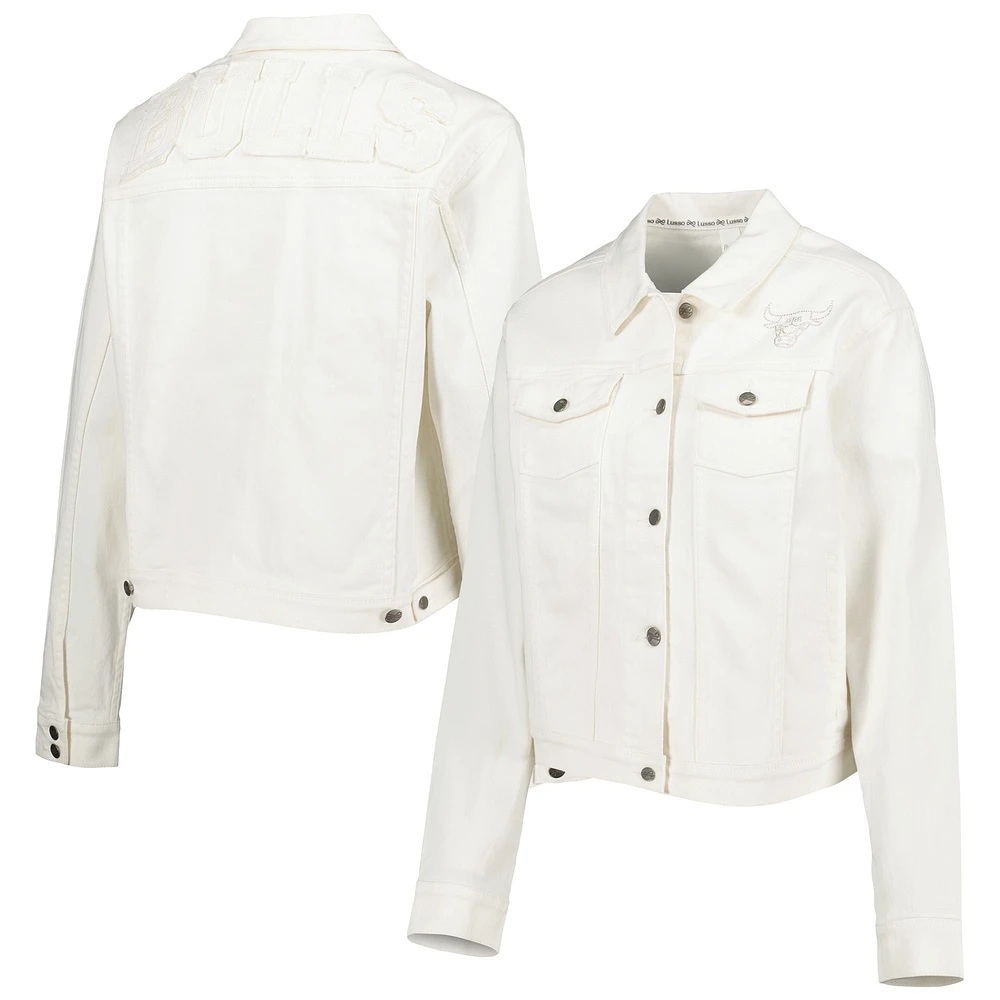 Veste en jean boutonnée Lusso White Chicago Bulls pour femme avec cristaux Swarovski et effet usé