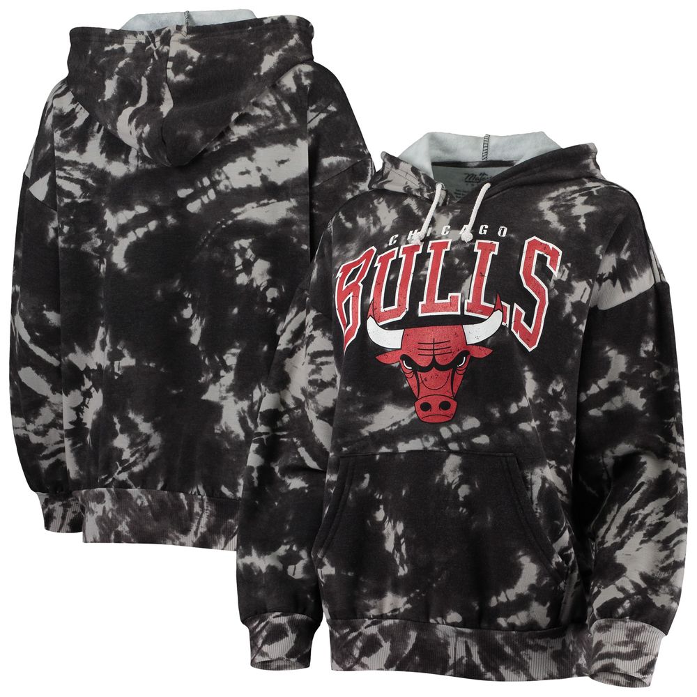 Women's Majestic Threads Black Chicago Bulls Burble Tie-Dye Tri-Blend Pullover Hoodie