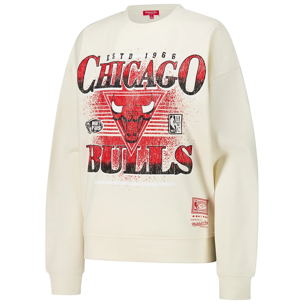 Women's Mitchell & Ness Cream Chicago Bulls Oversprayed Pullover Sweatshirt