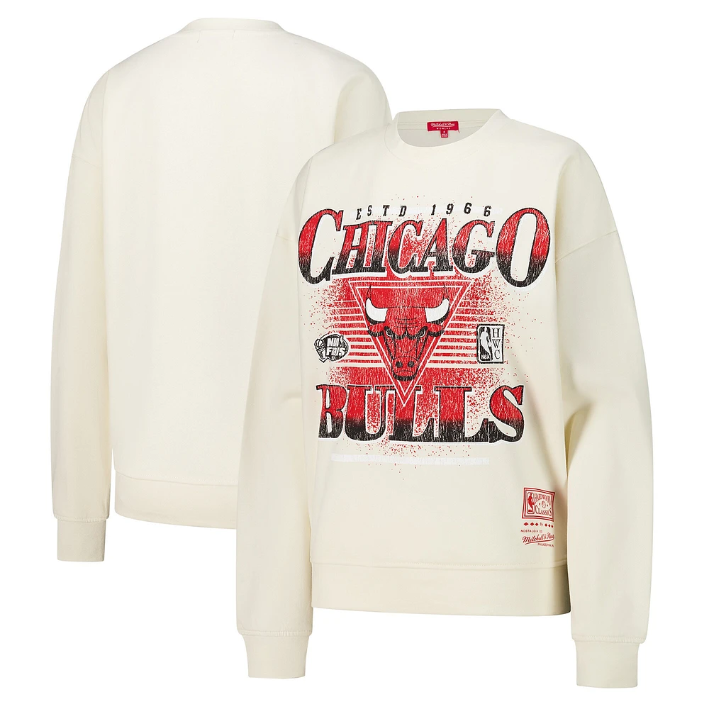 Women's Mitchell & Ness Cream Chicago Bulls Oversprayed Pullover Sweatshirt