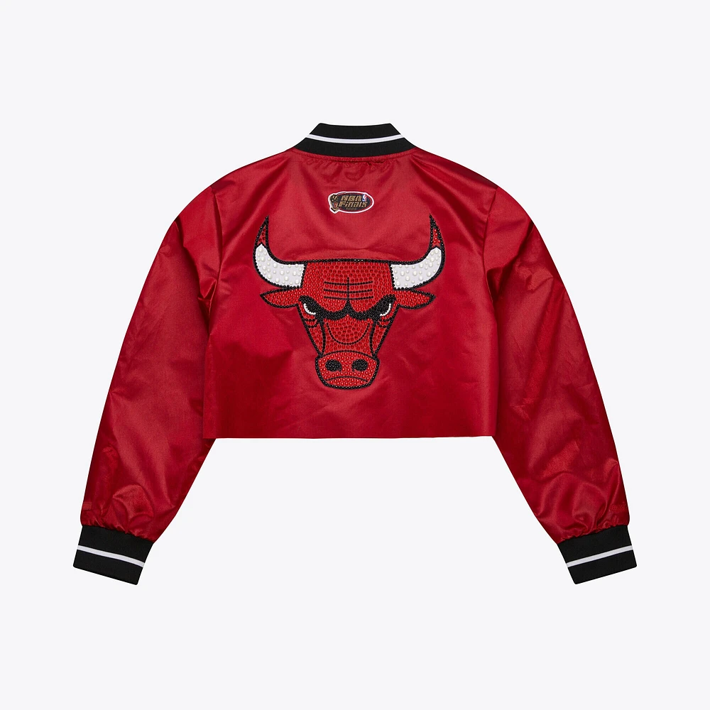 Women's Mitchell & Ness x DANNIJO Red Chicago Bulls Cropped Satin Full-Snap Jacket