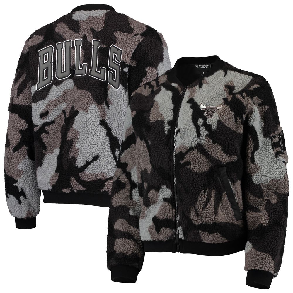 The Wild Collective Women's The Wild Collective Black Chicago Bulls Camo  Sherpa Full-Zip Bomber Jacket | Metropolis at Metrotown