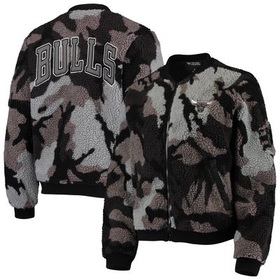 Women's The Wild Collective Black Chicago Bulls Camo Sherpa Full-Zip Bomber Jacket