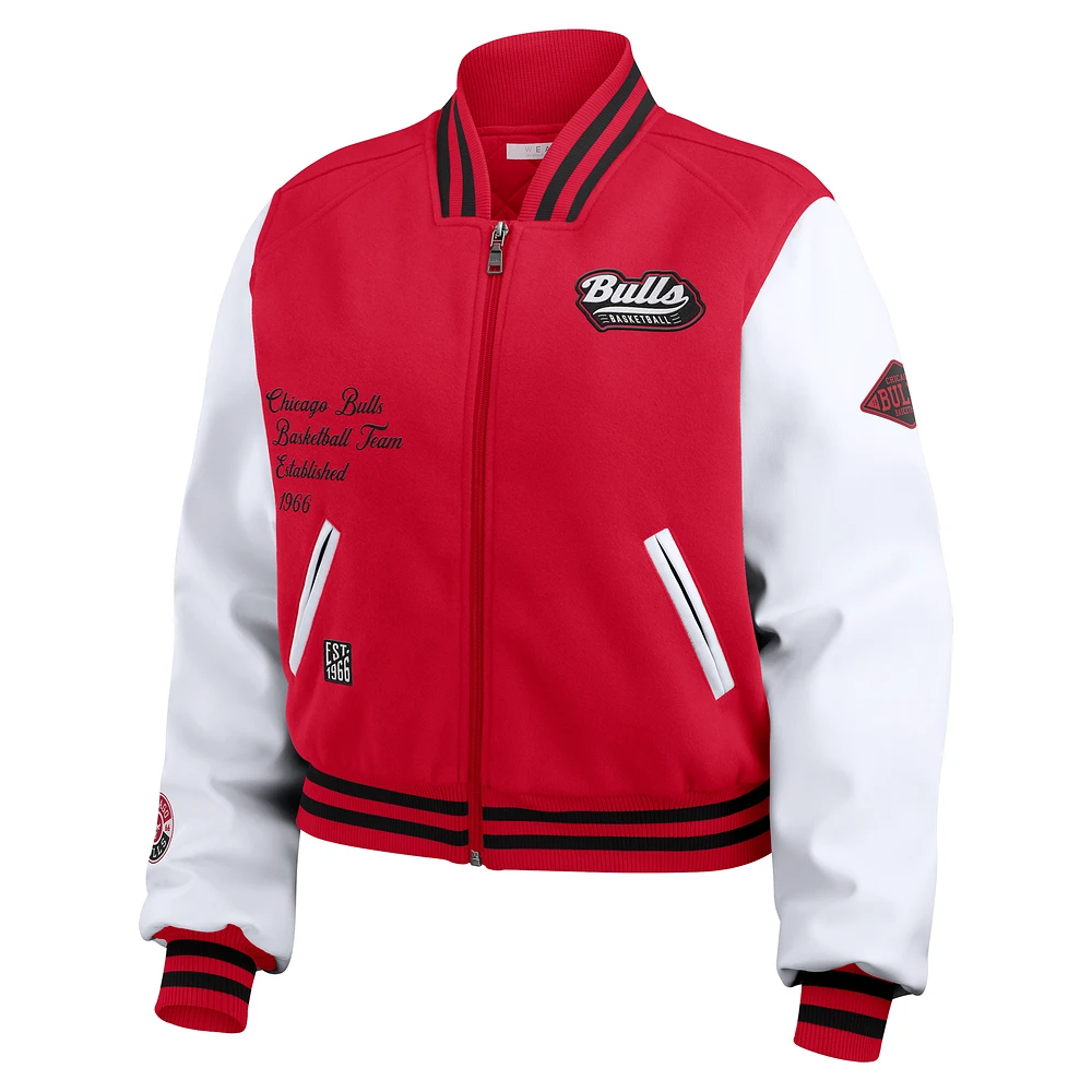 Women's WEAR by Erin Andrews Red/White Chicago Bulls Cropped Varsity Full-Zip Jacket