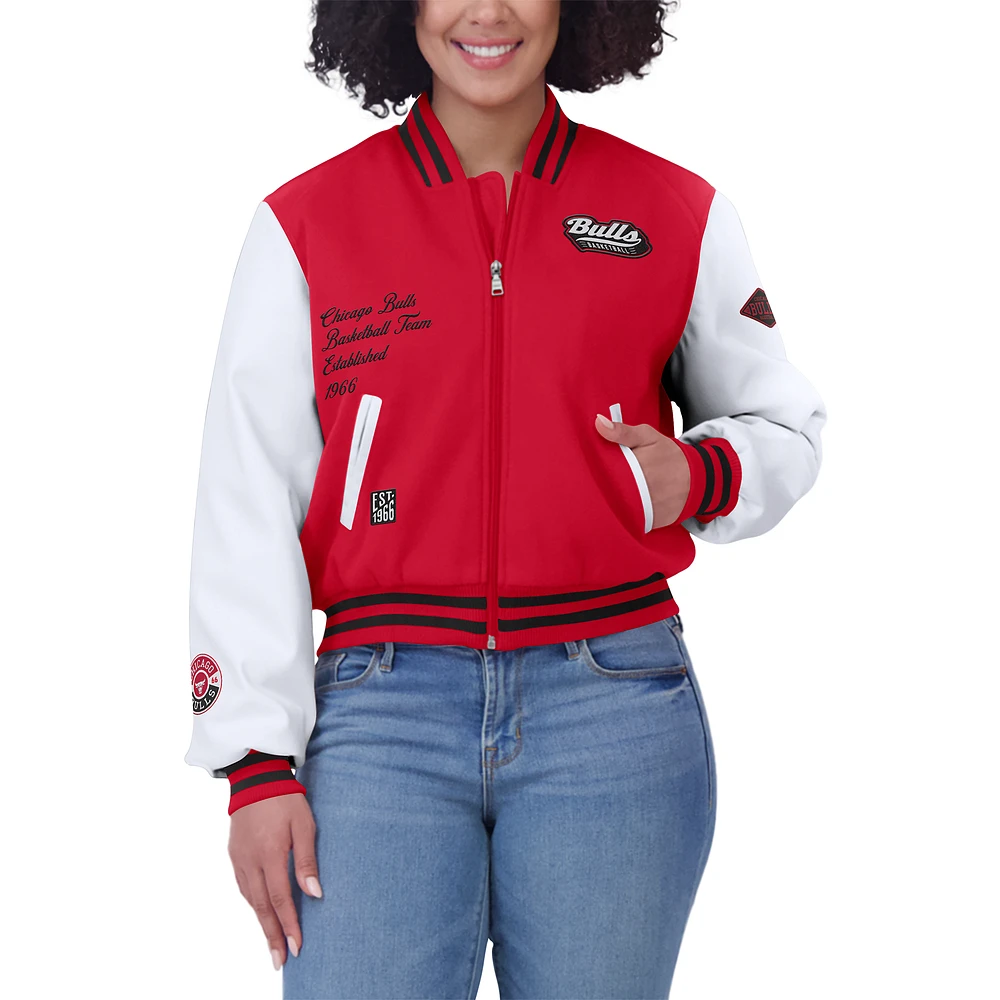 Women's WEAR by Erin Andrews Red/White Chicago Bulls Cropped Varsity Full-Zip Jacket