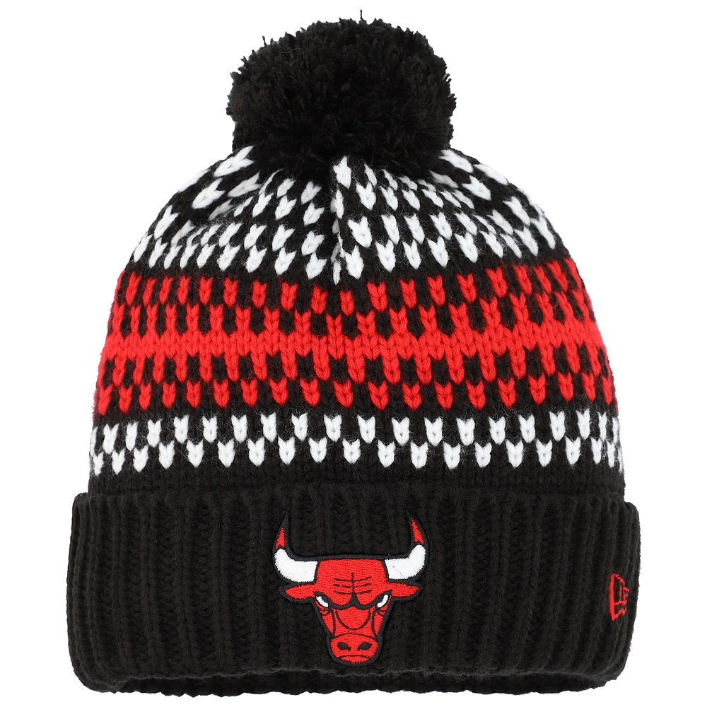 Bonnet en tricot confortable à revers pour jeune Chicago Bulls New Era noir avec pompon