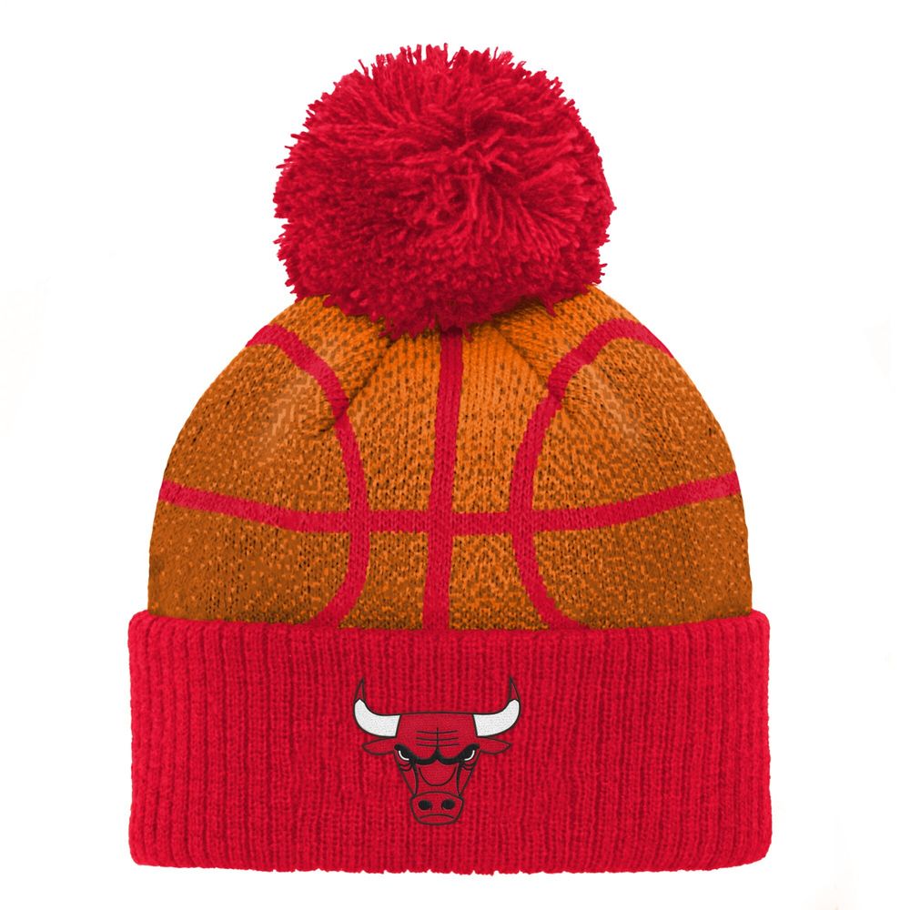 Youth Orange/Red Chicago Bulls Basketball Head - Cuffed Knit Hat with Pom