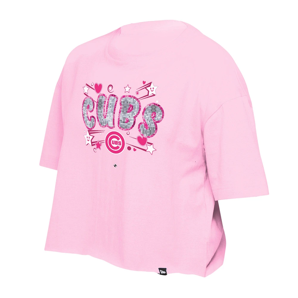 T-shirt d'équipe à paillettes Flip New Era rose clair pour filles des Chicago Cubs