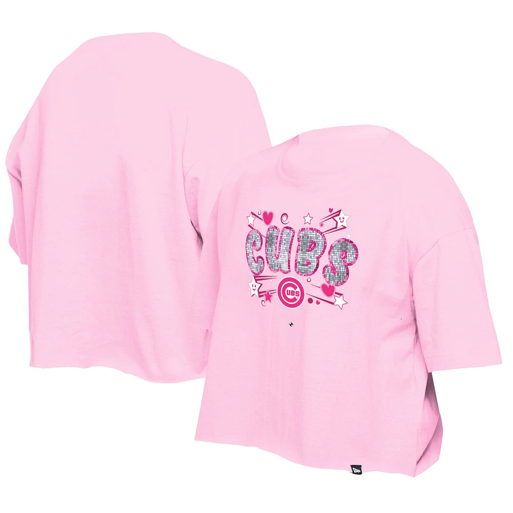 T-shirt d'équipe à paillettes Flip New Era rose clair pour filles des Chicago Cubs