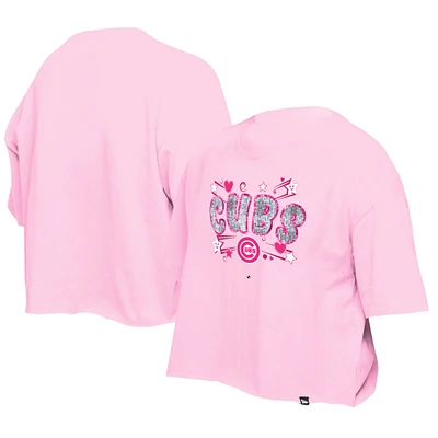 T-shirt d'équipe à paillettes Flip New Era rose clair pour filles des Chicago Cubs